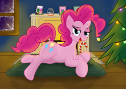 Size: 3508x2480 | Tagged: safe, artist:eels, pinkie pie, earth pony, pony, g4, candy, candy cane, christmas, christmas tree, female, fire, fireplace, food, high res, holiday, implied anon, licking, lidded eyes, looking at you, mare, picture frame, seductive, snow globe, solo, tongue out, tree