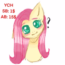 Size: 1600x1599 | Tagged: safe, artist:vaiola, fluttershy, pegasus, pony, g4, auction, auction open, big eyes, blushing, bust, commission, cute, female, head tilt, long hair, looking at you, mare, one ear down, portrait, simple background, smiling, solo, white background, ych sketch, your character here