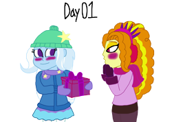 Size: 1280x913 | Tagged: safe, artist:horroraceman93, adagio dazzle, trixie, equestria girls, g4, blushing, christmas, duo, earmuffs, female, holiday, lesbian, present, ship:triagio, shipping, simple background, transparent background