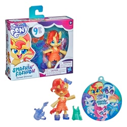 Size: 900x900 | Tagged: safe, dj pon-3, pinkie pie, rainbow dash, rarity, sunset shimmer, vinyl scratch, earth pony, pegasus, unicorn, semi-anthro, g4.5, my little pony: pony life, official, arm hooves, boots, bow, clothes, doll, dress, female, figure, guitar, merchandise, musical instrument, my little pony logo, shoes, smashin' fashion, smiling, sunglasses, toy, toy packaging