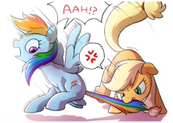 Size: 1457x1032 | Tagged: safe, artist:mochi_nation, applejack, rainbow dash, earth pony, pegasus, pony, g4, angry, biting, cowboy hat, cross-popping veins, freckles, hat, mouth hold, running, speech bubble, tail, tail bite, tail pull