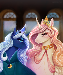 Size: 1828x2182 | Tagged: safe, artist:burgerpaws, princess celestia, princess luna, alicorn, pony, g4, bust, clothes, duo, pink-mane celestia, portrait, royal sisters, sisters