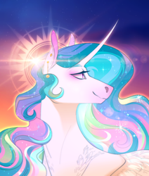 Size: 1692x2000 | Tagged: safe, artist:burgerpaws, princess celestia, alicorn, pony, g4, bust, curved horn, ear piercing, female, get, horn, index get, lidded eyes, looking back, mare, piercing, portrait, shoulder fluff, sky, smiling, solo, stars, story included, sun, wing fluff, x00000 milestone