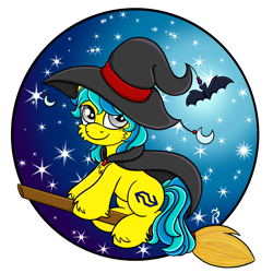 Size: 2000x2000 | Tagged: safe, artist:dawn-designs-art, oc, oc:runaway train, earth pony, pony, blue mane, broom, clothes, commission, commissions open, costume, flying, flying broomstick, hat, high res, male, nightmare night, silver eyes, solo, stallion, witch, witch costume, witch hat, yellow coat