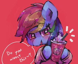 Size: 2505x2052 | Tagged: safe, artist:lexiedraw, rainbow dash, pegasus, pony, g4, coffee cup, cup, dialogue, high res, simple background, solo, speech bubble, starbucks, straw, talking to viewer