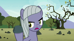 Size: 1920x1080 | Tagged: safe, screencap, limestone pie, earth pony, pony, g4, the maud couple, female, frown, hoof hold, mare, open mouth, rock, rock farm, solo, tree
