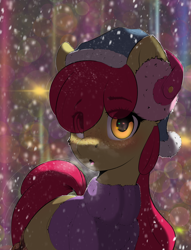 Size: 2606x3418 | Tagged: safe, artist:skitsroom, apple bloom, earth pony, pony, g4, beanie, clothes, earmuffs, eye clipping through hair, eyebrows, eyebrows visible through hair, female, hat, high res, looking at you, snow, solo, sweater, winter, winter outfit