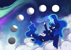 Size: 1323x935 | Tagged: safe, artist:calena, princess luna, alicorn, pony, g4, aurora borealis, cloud, cute, lunabetes, magic, moon, palindrome get, solo, space, spread wings, stars, wings