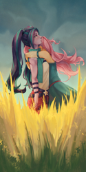 Size: 1600x3200 | Tagged: safe, artist:stummm, aria blaze, fluttershy, human, equestria girls, g4, ariabetes, ariashy, blushing, clothes, colored, cute, duo, duo female, eyelashes, female, grass, hug, lesbian, outdoors, pants, pigtails, rain, shipping, standing, surprised