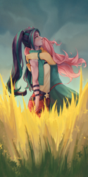 Size: 1600x3200 | Tagged: safe, artist:stummm, aria blaze, fluttershy, human, equestria girls, g4, ariabetes, blushing, clothes, colored, cute, duo, duo female, eyelashes, female, grass, hug, lesbian, outdoors, pants, pigtails, rain, ship:ariashy, shipping, standing, surprised