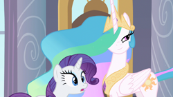 Size: 1280x720 | Tagged: safe, screencap, princess celestia, rarity, alicorn, pony, unicorn, g4, my little pony: friendship is magic, season 2, sweet and elite, shocked, smug, smuglestia