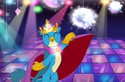 Size: 1280x836 | Tagged: safe, artist:disneymarvel96, gallus, griffon, g4, brooch, cape, clothes, crown, dancing, disco, glowing, jewelry, king, male, regalia, solo, standing