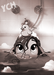 Size: 698x963 | Tagged: safe, artist:28gooddays, oc, oc only, pony, bathtub, monochrome, rubber duck, solo, ych example, ych sketch, your character here