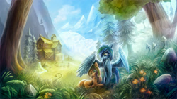 Size: 1920x1080 | Tagged: safe, artist:stdeadra, oc, oc:chiller sway, oc:seafoam wake, earth pony, pegasus, pony, flower, grass, house, light, mountain, mushroom, scenery, tree, village