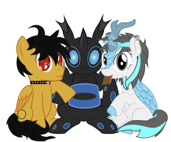 Size: 2076x1726 | Tagged: safe, artist:wheatley r.h., oc, oc only, oc:blizzard flare, oc:rito, oc:w. rhinestone eyes, changeling, honeypot changeling, kirin, pegasus, pony, 2021 community collab, derpibooru community collaboration, automata, bat wings, blue changeling, changeling oc, chocolate bar, folded wings, jewelry, kirin oc, messy tail, necklace, pegasus oc, raised hoof, simple background, transparent background, vector, wings