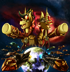 Size: 1696x1750 | Tagged: safe, artist:jamescorck, flam, flim, pony, g4, flim flam brothers, planet, space, spaceship, this will end in exterminatus, warhammer (game), warhammer 40k
