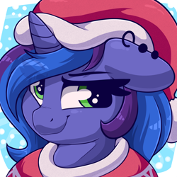 Size: 2000x2000 | Tagged: safe, artist:graphene, oc, oc only, oc:blue monday, pony, unicorn, bust, christmas, clothes, ear piercing, eye clipping through hair, female, hat, high res, holiday, looking at you, mare, piercing, santa hat, simple background, solo, sweater, winter, winter outfit