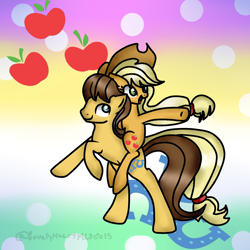 Size: 1280x1280 | Tagged: safe, artist:lovelyheartmlp, applejack, caramel, earth pony, pony, g4, abstract background, female, male, mare, riding, ship:carajack, shipping, smiling, stallion, straight