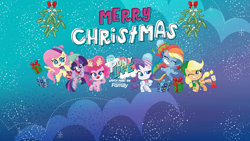 Size: 2048x1152 | Tagged: safe, screencap, applejack, fluttershy, pinkie pie, rainbow dash, rarity, twilight sparkle, alicorn, earth pony, pegasus, pony, unicorn, g4.5, my little pony: pony life, official, christmas, christmas presents, clothes, discovery family logo, hasbro, hat, holiday, mane six, merry christmas, my little pony logo, present, scarf, stars, twilight sparkle (alicorn), winter outfit, youtube banner