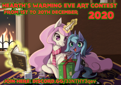 Size: 1400x986 | Tagged: safe, artist:grasspainter, princess celestia, princess luna, alicorn, pony, g4, bag, book, box, chocolate, christmas, clothes, contest, cup, cute, discord (program), drink, female, filly, fire, fireplace, food, happy, hearth's warming eve, holiday, hot chocolate, levitation, lying down, magic, mug, open mouth, pink-mane celestia, pointy ponies, present, prone, royal sisters, rug, scarf, siblings, sisters, smiling, telekinesis, woona, wreath, younger