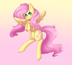 Size: 1722x1548 | Tagged: safe, artist:mocaangel, fluttershy, pegasus, pony, g4, blushing, chest fluff, cute, elbow fluff, female, gradient background, hooves to the chest, looking at you, mare, open mouth, shoulder fluff, shyabetes, solo, spread wings, wings