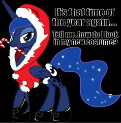 Size: 1017x1034 | Tagged: safe, artist:up1ter, edit, princess luna, alicorn, pony, g4, bedroom eyes, black background, boots, bronybait, candy, candy cane, caption, christmas, clothes, costume, female, food, holiday, looking at you, meme, mouth hold, santa costume, shoes, simple background, smiling, solo, text, vector