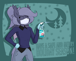 Size: 2900x2320 | Tagged: safe, artist:moonatik, oc, oc only, oc:selenite, bat pony, anthro, bat pony oc, bat wings, christmas, clothes, coronavirus, covid-19, disinfectant spray, face mask, female, gloves, happy, high res, holiday, mare, mask, moon, pants, ponytail, reverse trap, shirt, snow, snowflake, solo, spray bottle, sweater, wings