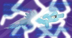 Size: 1280x670 | Tagged: safe, artist:ask-fleetfoot, fleetfoot, pegasus, pony, g4, ask-fleetfoot, blue coat, blue mane, blue tail, female, filly, filly fleetfoot, green eyes, lightning, show accurate, solo, tail, two toned mane, white mane, white tail, wings