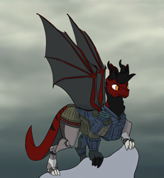 Size: 2000x2160 | Tagged: safe, artist:moonlight grimoire, oc, oc:fakal, dracony, dragon, hybrid, fallout equestria, armor, bat wings, claws, fallout, high res, horns, solo, wings