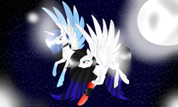 Size: 5000x3000 | Tagged: safe, artist:crysalisgalaxy, artist:minelvi, oc, oc only, alicorn, pegasus, pony, alicorn oc, collaboration, duo, flying, full moon, horn, moon, night, pegasus oc, stars, wings