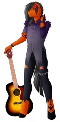 Size: 629x1280 | Tagged: safe, artist:imreer, oc, oc only, earth pony, anthro, unguligrade anthro, clothes, earth pony oc, fangs, guitar, male, musical instrument, simple background, solo, spiked wristband, unshorn fetlocks, white background, wristband