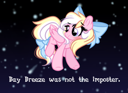 Size: 4954x3614 | Tagged: safe, artist:emberslament, oc, oc only, oc:bay breeze, pegasus, pony, among us, blushing, bow, cute, female, grumpy, hair bow, mare, misspelling, scrunchy face, space, tail bow, text