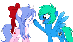 Size: 2400x1386 | Tagged: safe, artist:alfury, artist:rioshi, artist:starshade, oc, oc only, oc:rioshi sweet, oc:sinon, alicorn, pegasus, pony, boop, bow, female, hair bow, mare, simple background, transparent background, two toned wings, wings