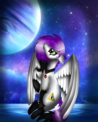 Size: 1080x1350 | Tagged: safe, artist:rxndxm.artist, oc, oc only, pegasus, pony, jupiter, looking up, pegasus oc, planet, raised hoof, solo, space, stars, wings