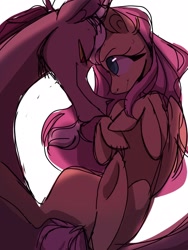 Size: 1536x2048 | Tagged: safe, artist:yaboi97240223, discord, fluttershy, draconequus, pegasus, pony, g4, colored pupils, cute, eye contact, female, folded wings, hooves to the chest, lidded eyes, looking at each other, male, mare, profile, ship:discoshy, shipping, simple background, smiling, straight, white background, wings
