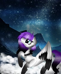 Size: 1080x1302 | Tagged: safe, artist:rxndxm.artist, oc, oc only, pegasus, pony, jewelry, looking up, mountain, necklace, night, pegasus oc, smiling, solo, stars, two toned wings, wings