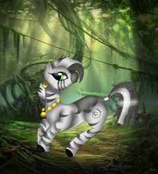 Size: 1080x1189 | Tagged: safe, artist:rxndxm.artist, zecora, pony, zebra, g4, ear piercing, earring, female, forest, jewelry, looking back, mare, necklace, outdoors, piercing, solo