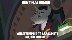 Size: 1280x718 | Tagged: safe, edit, edited screencap, screencap, chancellor neighsay, pony, unicorn, g4, school daze, accusation, angry, caption, eea council, image macro, male, meme, misspelling, solo, stallion, text