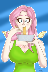 Size: 1500x2246 | Tagged: safe, artist:shypuppy, fluttershy, human, g4, adorasexy, big breasts, breasts, busty fluttershy, cleavage, clothes, cute, digital art, dress, floating wings, food, huge breasts, humanized, noodles, sexy, simple background, solo, stupid sexy fluttershy, winged humanization, wings
