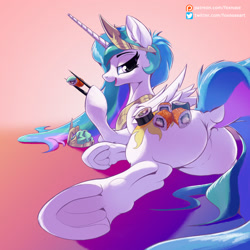 Size: 2048x2048 | Tagged: safe, artist:foxnose, princess celestia, alicorn, pony, g4, abstract background, butt, female, food, frog (hoof), high res, lying, mare, plot, sunbutt, sushi, tail, underhoof, wasabi