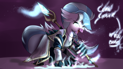 Size: 3840x2160 | Tagged: safe, artist:sintakhra, silverstream, classical hippogriff, hippogriff, tumblr:studentsix, g4, clothes, cosplay, costume, dark, female, glowing, glowing eyes, high res, ice, jaina proudmoore, lidded eyes, looking at you, magic, open mouth, runes, smiling, smirk, snow, solo, staff, warcraft, world of warcraft