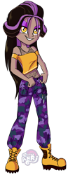 Size: 1345x3463 | Tagged: safe, artist:emperor-anri, oc, oc only, oc:moonlight howl, human, werewolf, equestria girls, g4, black hair, brown hair, camouflage, clothes, dark skin, dreamcatcher, equestria girls-ified, eyeshadow, female, fishnet clothing, golden eyes, grin, makeup, pants, purple eyeshadow, shirt, simple background, smiling, solo, t-shirt, tank top, tomboy, transparent background, two toned hair