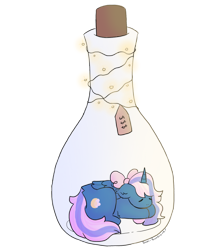 Size: 1280x1451 | Tagged: safe, artist:sam-sunflower, oc, oc only, oc:fleurbelle, alicorn, pony, alicorn oc, bottle, bow, female, hair bow, horn, light, mare, pony in a bottle, simple background, sleeping, solo, transparent background, wings