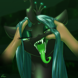 Size: 1080x1080 | Tagged: safe, artist:dmann892, queen chrysalis, changeling, changeling queen, g4, crown, disembodied hand, fangs, female, finger in mouth, forked tongue, hand, jewelry, looking at you, maw, mawplay, mawshot, open mouth, regalia, sharp teeth, teeth, this will end in tears, tongue out