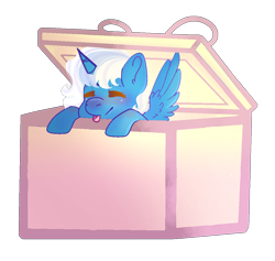 Size: 1184x1124 | Tagged: safe, artist:vintageandwitchy, oc, oc only, oc:fleurbelle, alicorn, pony, alicorn oc, blushing, box, ear fluff, female, horn, mare, pony in a box, present, simple background, solo, tongue out, transparent background, wings