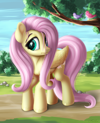 Size: 1911x2351 | Tagged: safe, artist:awalex, fluttershy, bird, pegasus, pony, friendship is magic, g4, cute, female, folded wings, hair over one eye, high res, looking sideways, mare, outdoors, scene interpretation, shy, shyabetes, solo, standing, stray strand, tree, tree branch, turned head, wings