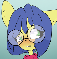 Size: 425x442 | Tagged: safe, artist:tealeav3s, oc, oc only, oc:logical leap, blushing, glasses, missing horn