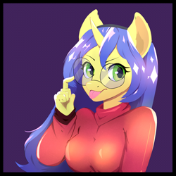 Size: 3000x3000 | Tagged: safe, artist:paperbagger, oc, oc only, oc:logical leap, unicorn, anthro, >:p, anthro oc, clothes, commission, female, glasses, high res, looking at you, mare, solo, sweater, tongue out, ych result