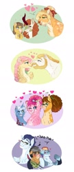 Size: 1024x2364 | Tagged: safe, artist:miyathegoldenflower, applejack, autumn blaze, bulk biceps, caramel, cheese sandwich, fluttershy, pinkie pie, pokey pierce, quibble pants, rainbow dash, soarin', g4, autumncarameljack, autumnjack, beard, bisexual, bow, bust, facial hair, female, floating heart, gay, glasses, hair bow, heart, kissing, lesbian, male, nose kiss, polyamory, quibblesoarinbreeze, quibblesoarindash, ship:carajack, ship:cheesepie, ship:flutterbulk, ship:pokeycheesepie, ship:pokeypie, ship:quibbledash, ship:soarindash, shipping, simple background, straight, tattoo, tongue out, white background