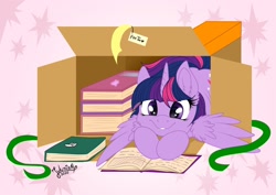 Size: 1920x1358 | Tagged: safe, artist:julunis14, part of a set, twilight sparkle, alicorn, pony, g4, adorkable, book, bookhorse, box, cute, digital, dork, name tag, pony in a box, present, reading, ribbon, signature, simple background, smiling, solo, that pony sure does love books, twiabetes, twilight sparkle (alicorn), weapons-grade cute